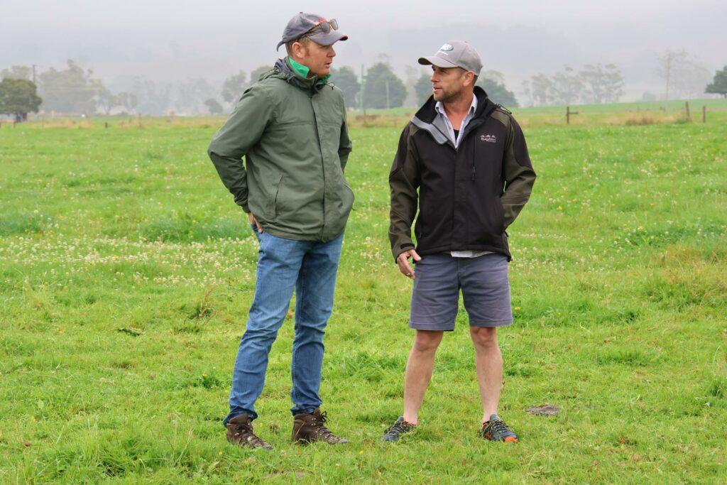 Australian Mark Wadley (left) who hosted a tour of New Zealanders in March that included John (left) and Nicola Guy, from Waimate. John took a moment here to touch base with Mark.